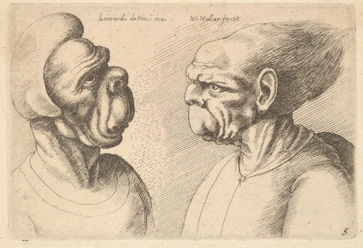 Deux têtes déformées se faisant face - Wenceslaus Hollar