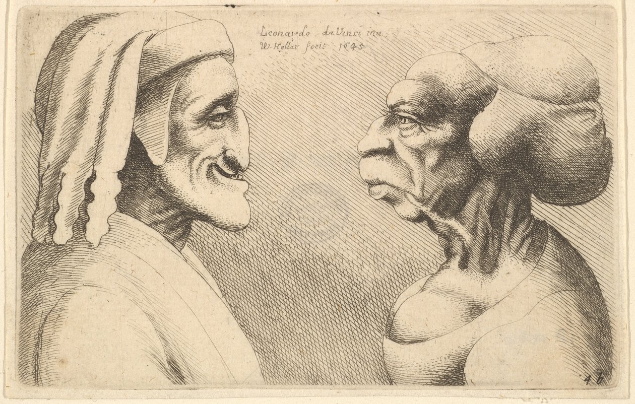 Deux têtes déformées, la figure à gauche est peut-être une caricature de Dante, 1645 - Wenceslaus Hollar