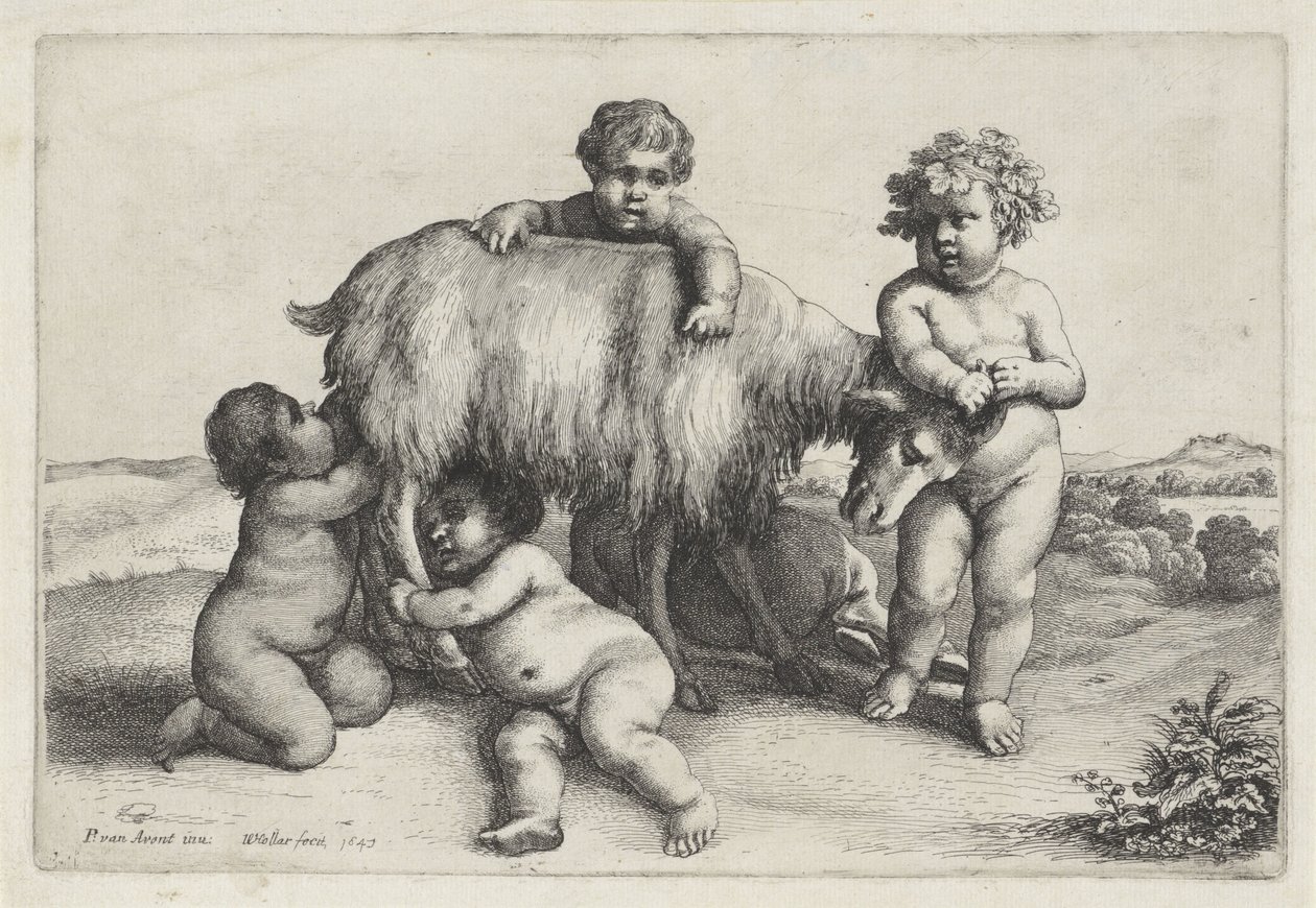 Quatre garçons, un satyre et une chèvre debout à droite, Putti et satyres (série) - Wenceslaus Hollar