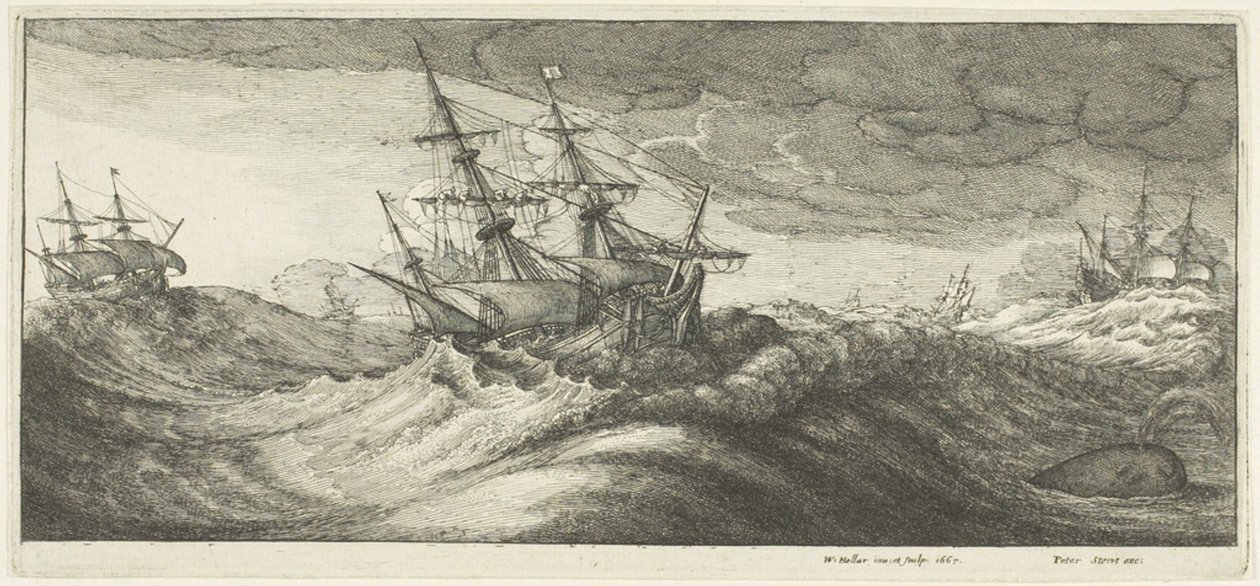 Navires de guerre et une baleine jaillissante - Wenceslaus Hollar