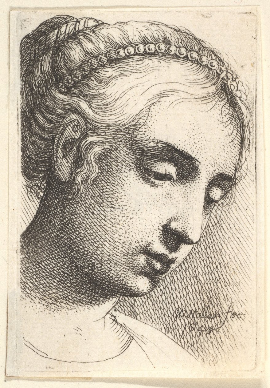 Femme avec une chaîne de perles dans les cheveux regardant vers le bas à droite, 1645 - Wenceslaus Hollar