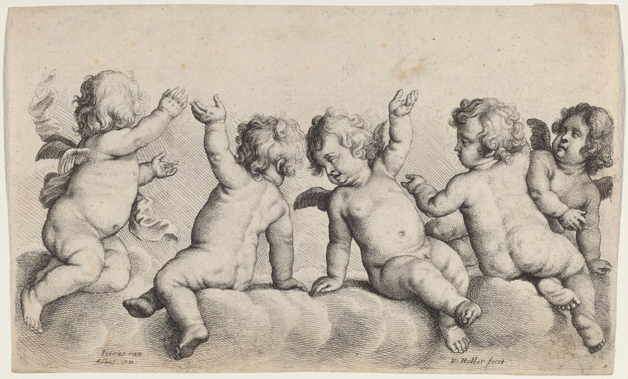 Trois chérubins et deux garçons sur des nuages - Wenceslaus Hollar, after Peeter van Avont
