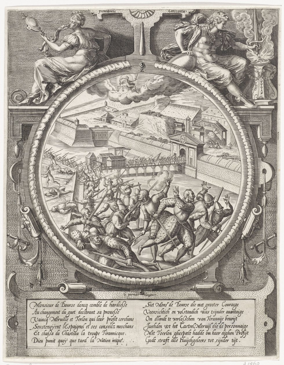 Les troupes de Bourse chassent les soldats allemands de Treslong et Merville de la citadelle, 1577 - Wierix