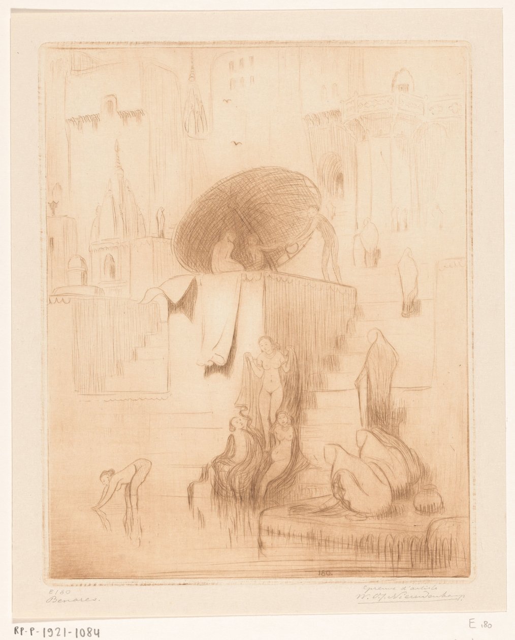Femmes se baignant et lavant au bord du Gange à Bénarès - Wijnand Otto Jan Nieuwenkamp (signed by artist)