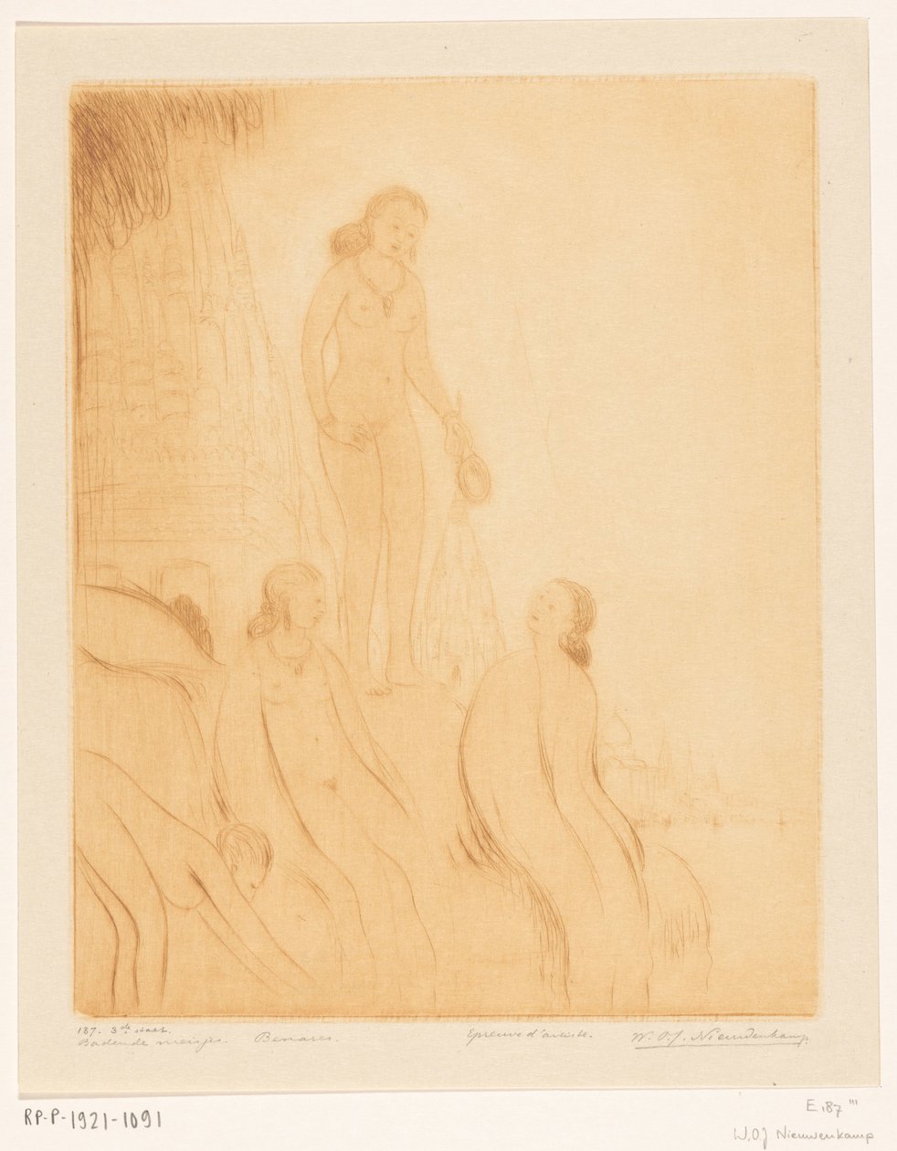 Jeunes filles se baignant sur les rives du Gange à Bénarès - Wijnand Otto Jan Nieuwenkamp (signed by artist)