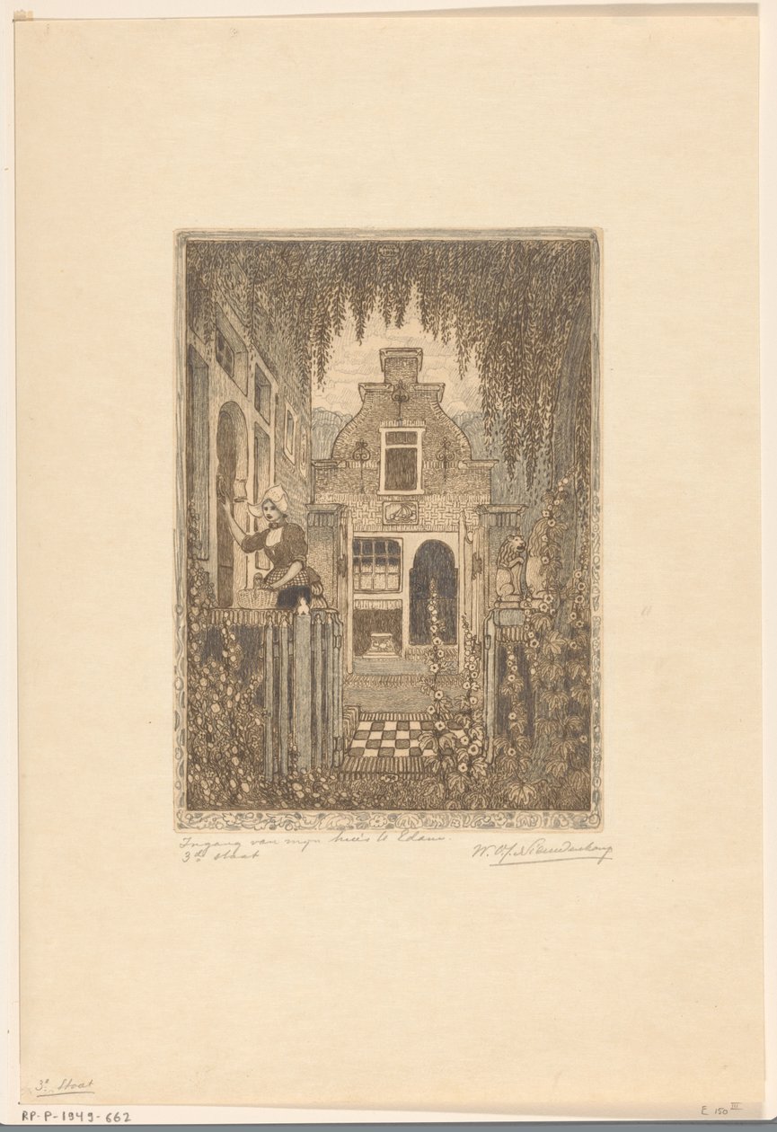 Femme en costume traditionnel frappant à une porte à Edam - Wijnand Otto Jan Nieuwenkamp (signed by artist)