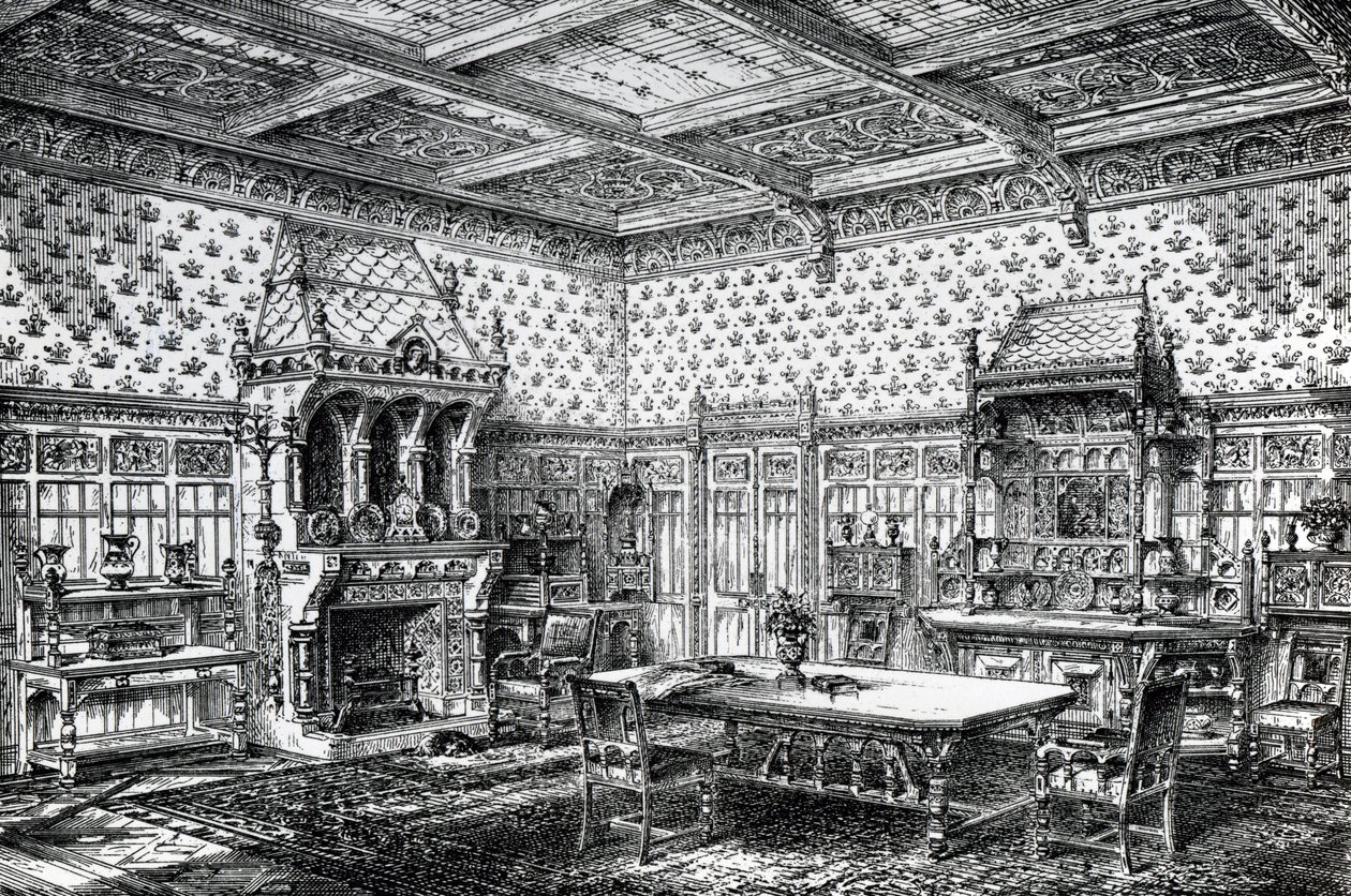 Conception pour une salle à manger gothique, publiée dans The House-Furnisher & Decorator, 1er septembre 1872 - Wilberforce Haddon