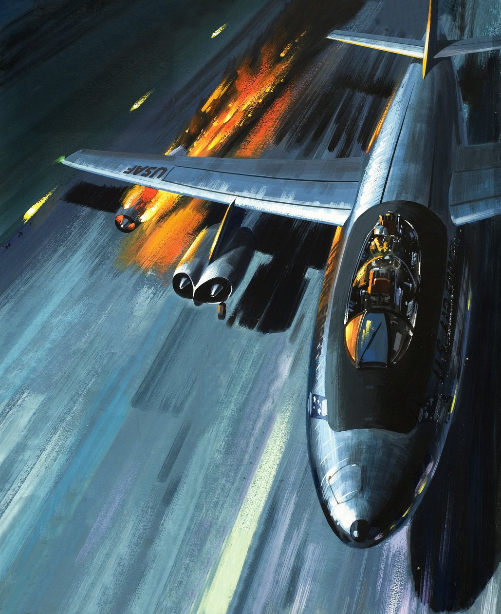 Cauchemar dans un bombardier en flammes, illustration tirée de "Men and Machines" (Hommes et machines) - Wilf (20th century) Hardy