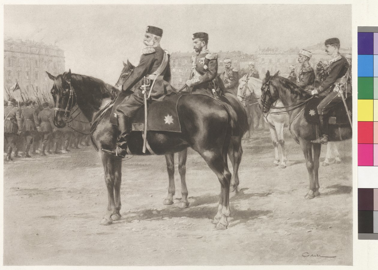 Empereur François-Joseph Ier et tsar Nicolas II à la parade sur le Champ-de-Mars à Saint-Pétersbourg - Wilhelm Gause