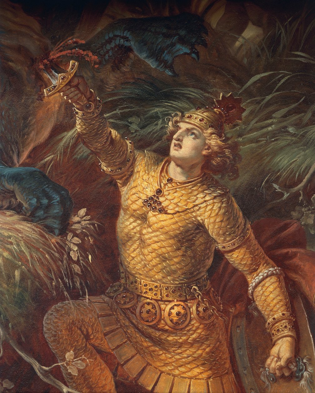 Sigurd tuant le dragon Fafnir en tenant l