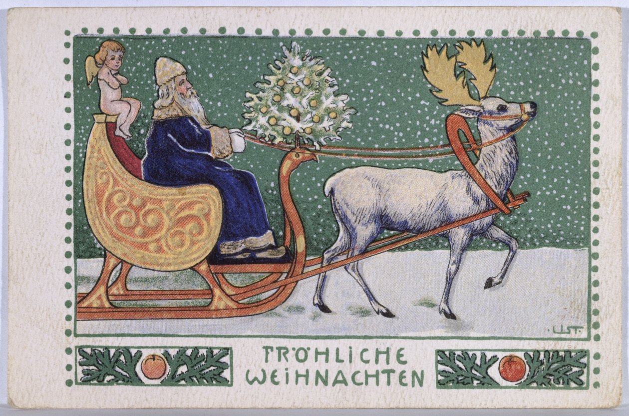 Carte postale représentant le Père Noël sur son traîneau, vers 1910 - Wilhelm List
