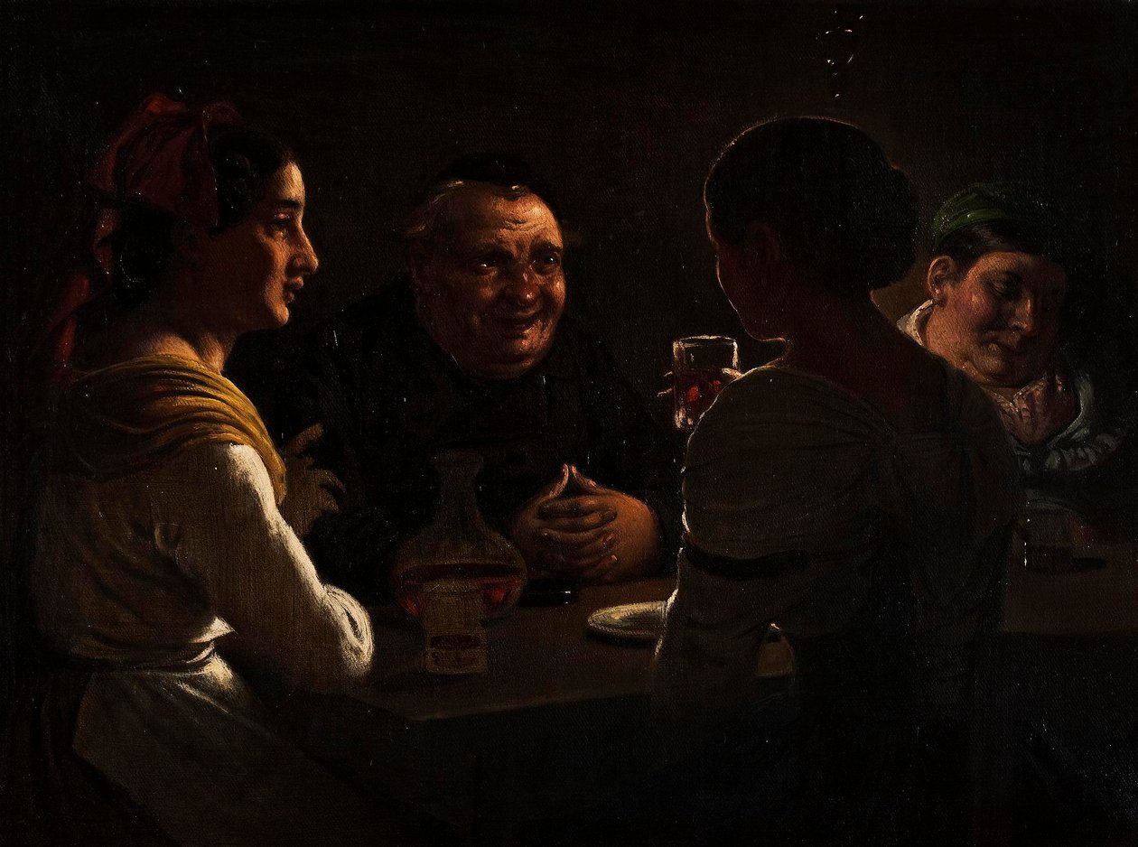 Abbé plaisantant avec deux jeunes filles - Wilhelm Marstrand