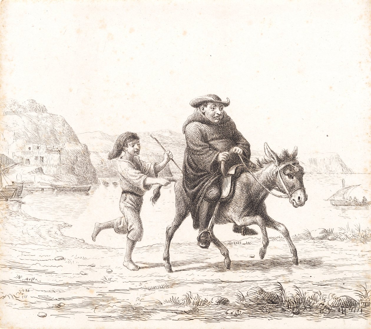 Un moine à cheval sur un âne suivi d