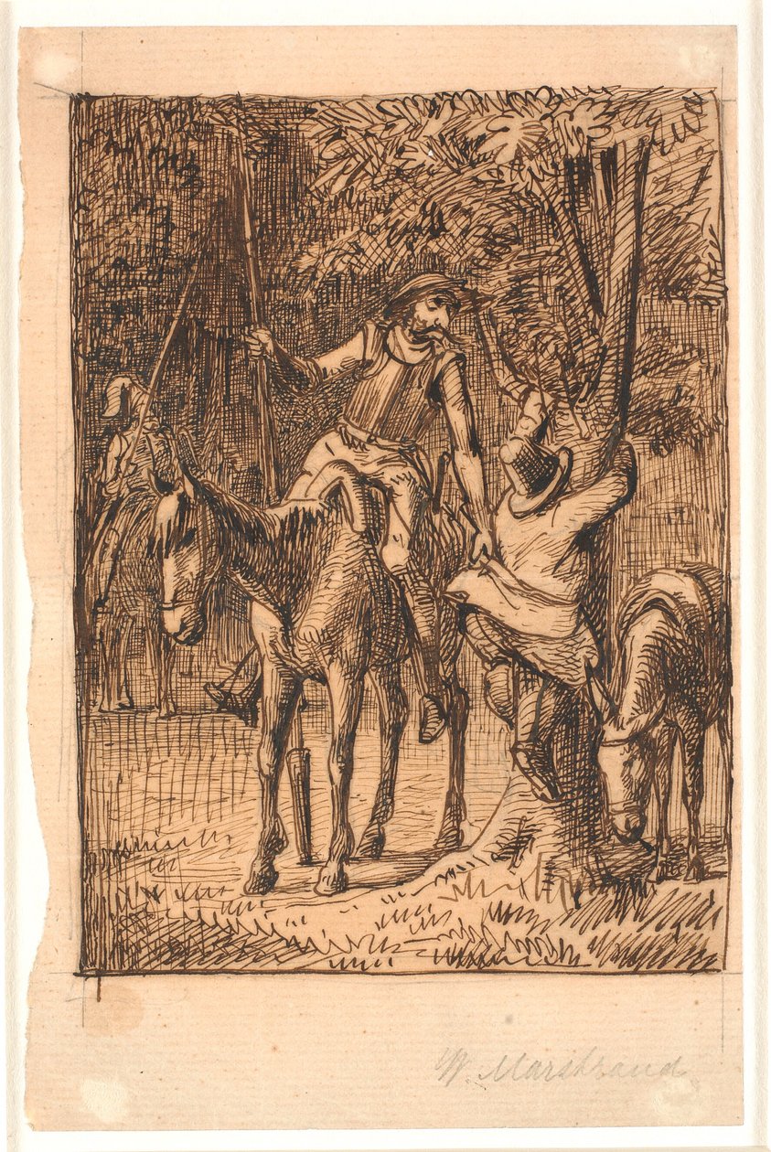 Avant le combat avec le chevalier au miroir, Don Quichotte aide Sancho Panza à monter dans un arbre - Wilhelm Marstrand