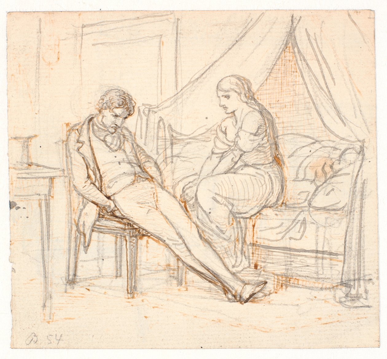 Intérieur avec jeune homme mélancolique et une fille sur un lit - Wilhelm Marstrand