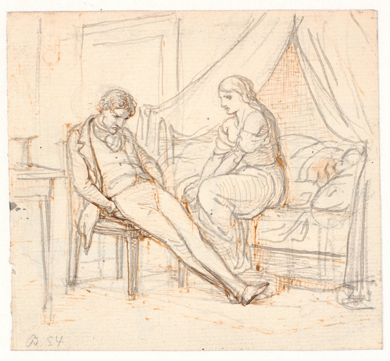 Intérieur avec jeune homme mélancolique et une fille sur un lit - Wilhelm Marstrand