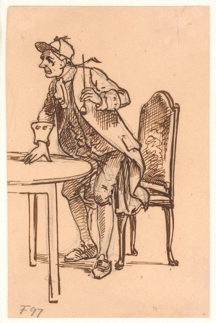 Homme avec casquette et pipe se levant (discutant ?) à une table - Wilhelm Marstrand