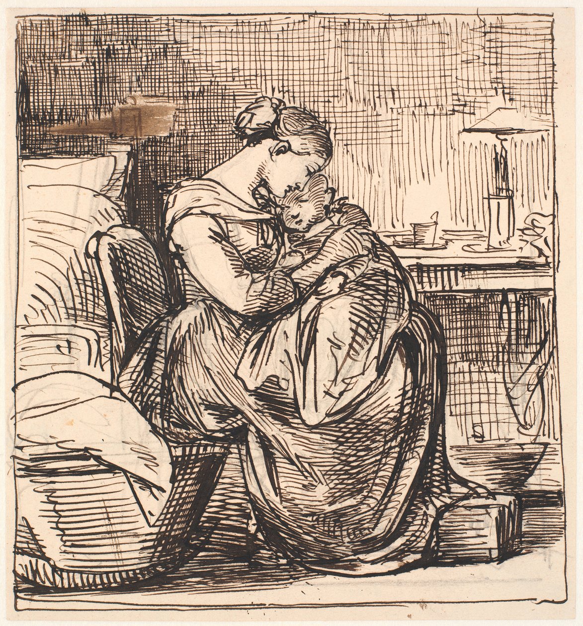 Mère avec enfant endormi sur les genoux dans la chambre à coucher - Wilhelm Marstrand