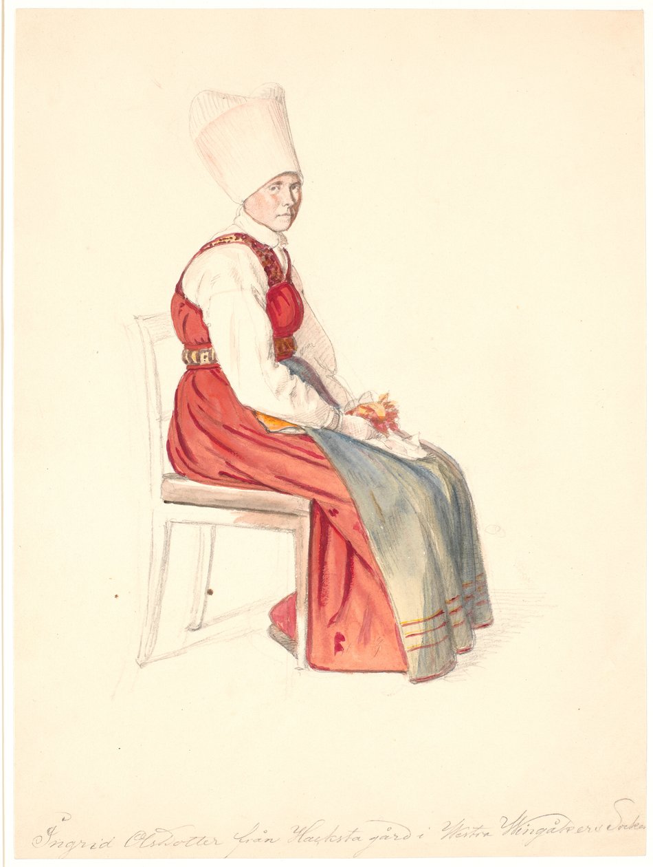 Une paysanne suédoise assise, coiffée d