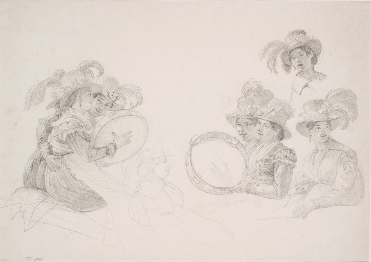 Femmes romaines jouant du tambourin avec des chapeaux à plumes hautes - Wilhelm Marstrand