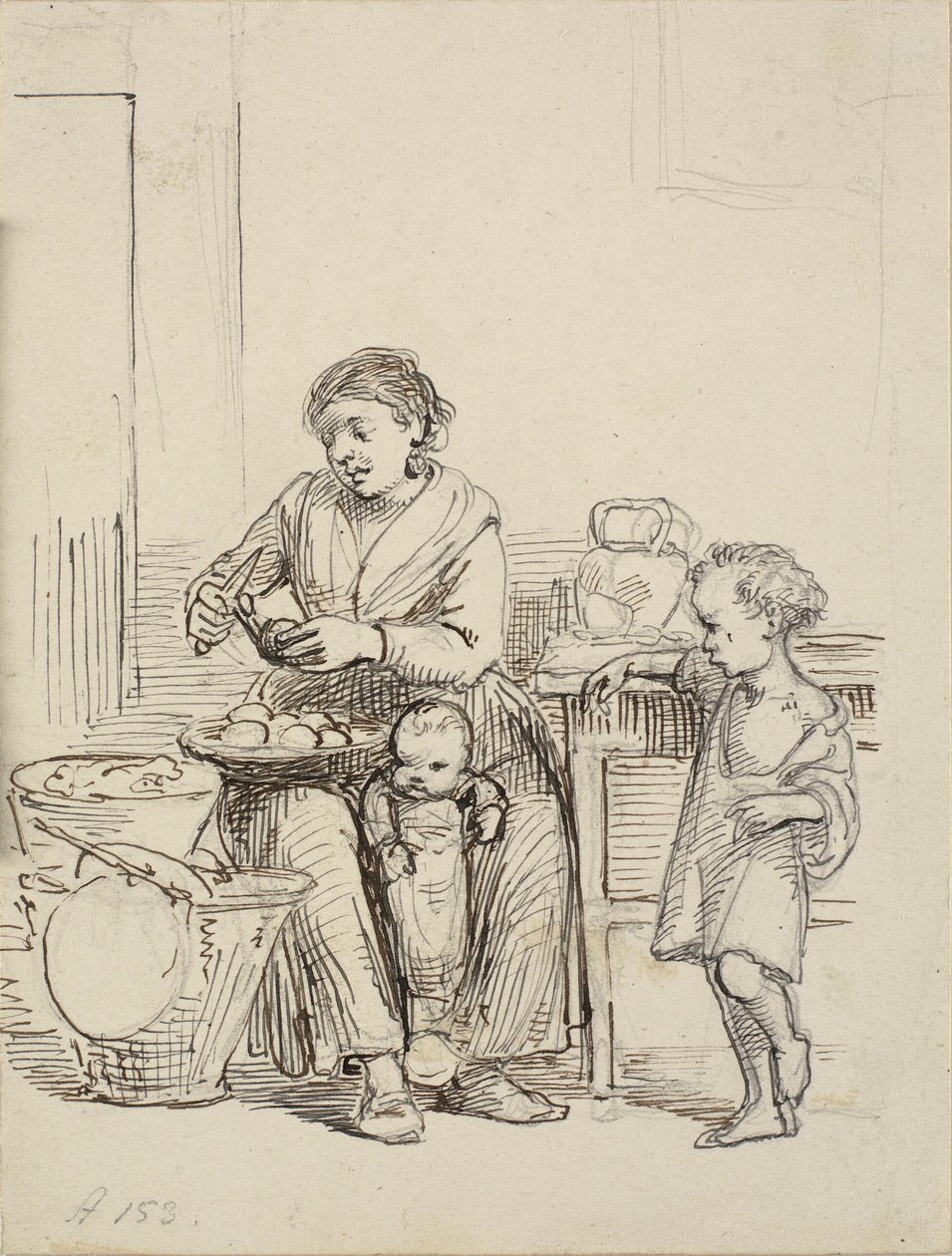 Deux enfants et une femme épluchent des pommes de terre - Wilhelm Marstrand