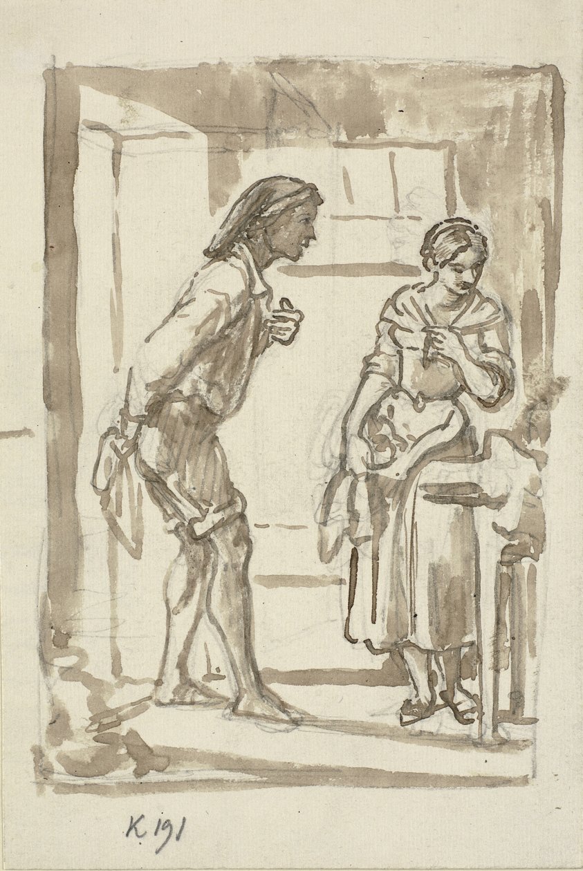 Jeune pêcheur entrant par la porte vers une jeune fille - Wilhelm Marstrand