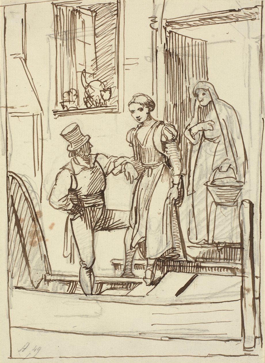 Jeune fille et vieille femme aidées par un homme à descendre dans une gondole - Wilhelm Marstrand