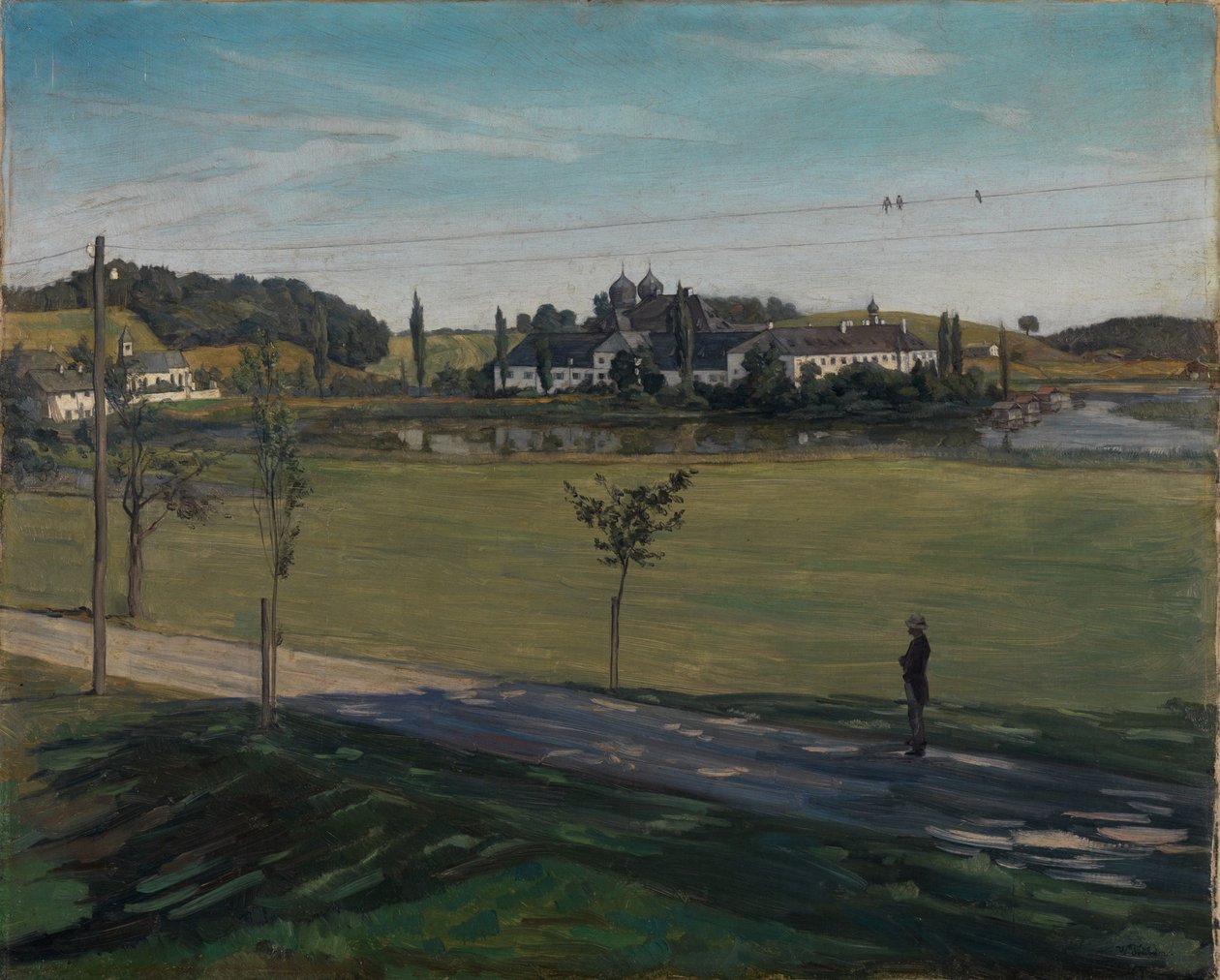 Paysage près du monastère de Seeon avec poteau télégraphique - Wilhelm Trübner