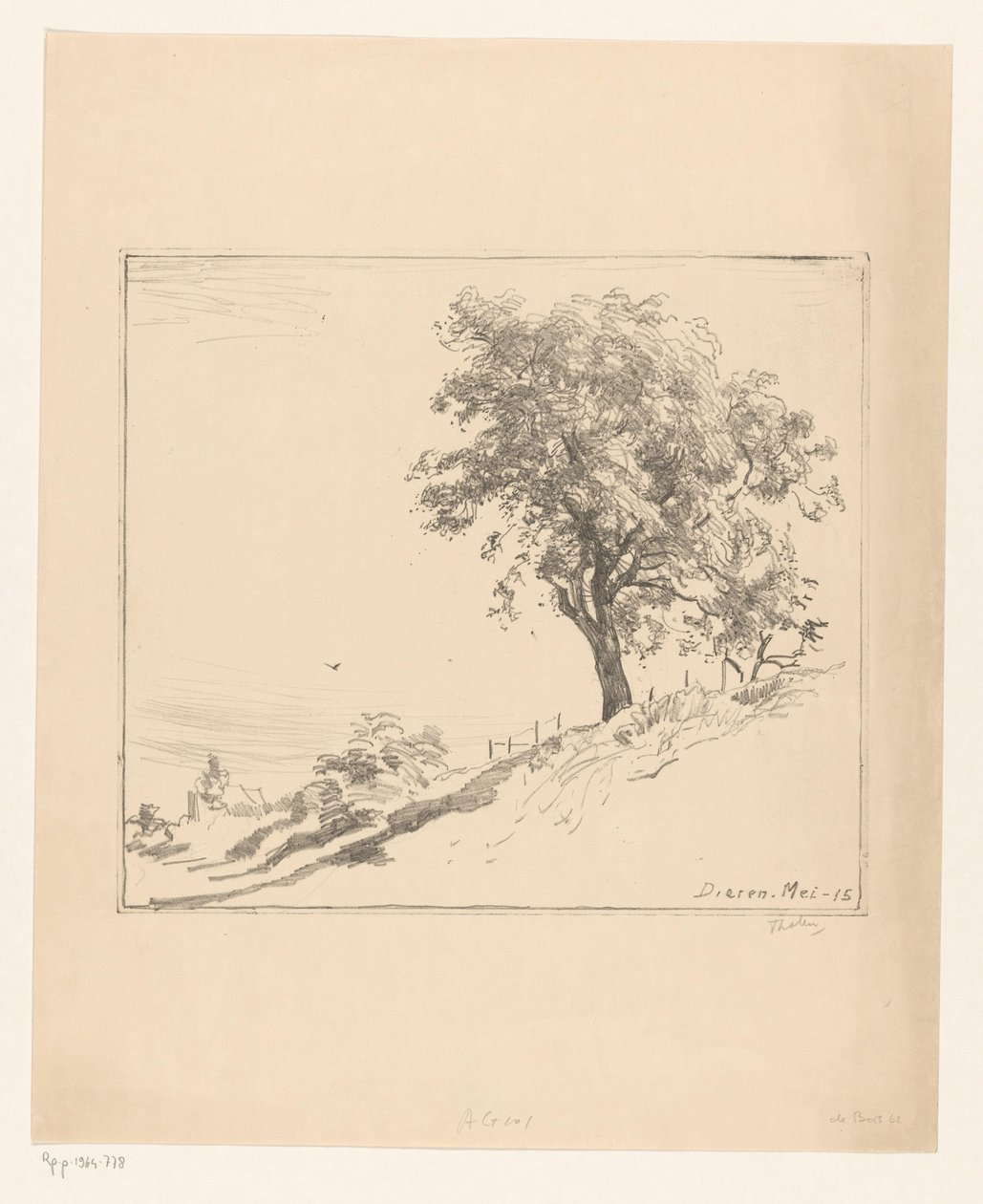 Paysage avec arbre sur une digue à Dieren - Willem Bastiaan Tholen (signed by artist)
