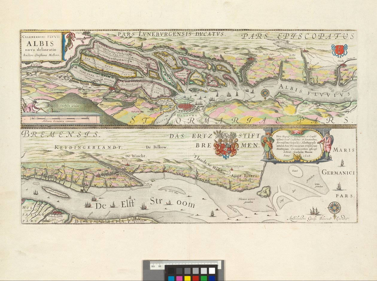 Celeberrimi Flvvii Albis nova delineatio : Viris Magnificis Amplißimis et Consultißimis Domis. Consulibus et Senatoribus, florentissimae Republicae Hamburgensis tabulam, hanc Provinciarum et Insularum Hamburgum Circumiacentium officiose dedicat / Auctore C - Willem Blaeu