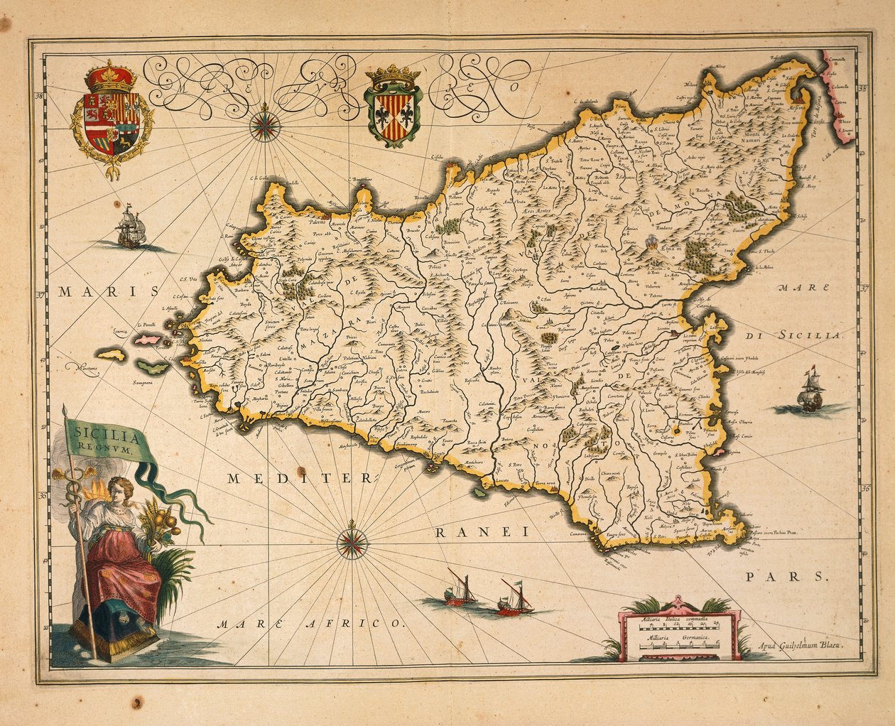 Carte de la Sicile, par Willem Blaeu, du Regionum Italiae, gravure - Willem Blaeu