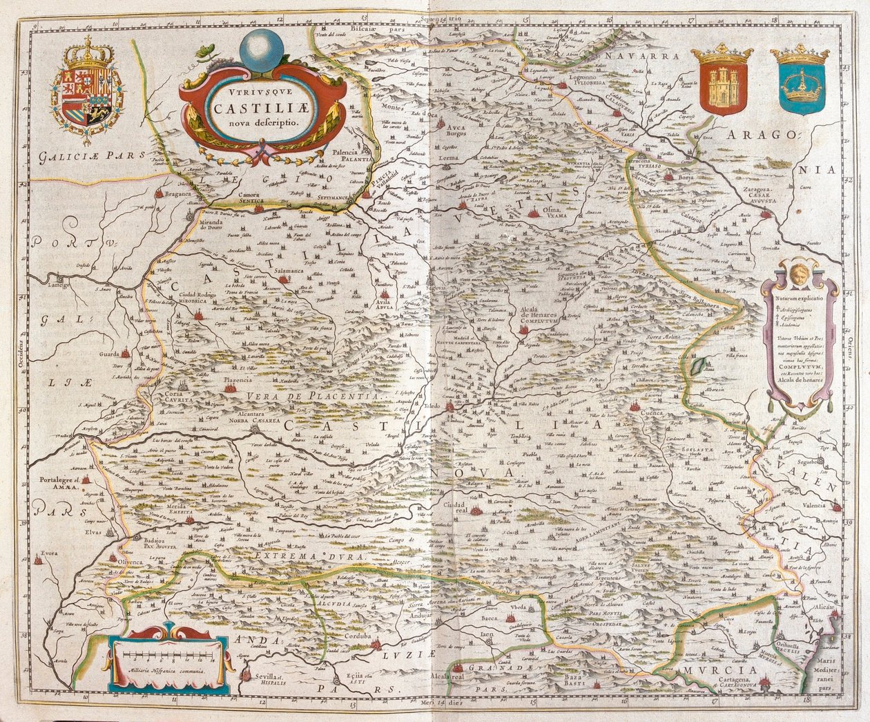 Saragosse, Valence, Alicante, Carthagène, Madrid, Cordoue, Séville, Salamanque, Palencia, Ségovie, Tolède, Cuenca, Grenade, dans le "Theatrum Orbis Terrarum, sive Atlas Novus" de Willem Blaeu, Amsterdam. - Willem Blaeu