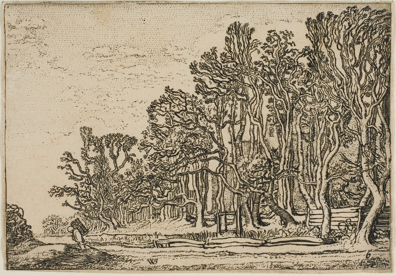 Paysage avec haies de planches et homme portant du bois - Willem Buytewech