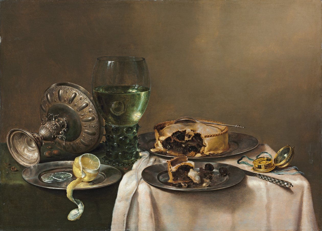 Nature morte avec un roemer, une tazza en argent renversée, un citron à moitié pelé sur une assiette en étain, avec une tarte, une horloge et un couteau, 1631 - Willem Claesz. Heda