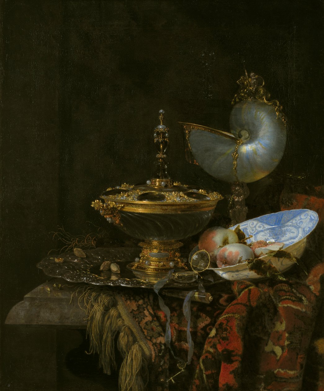 Magnifique nature morte avec bol Holbein, nautile et coupe en verre et bol de fruits - Willem Kalf