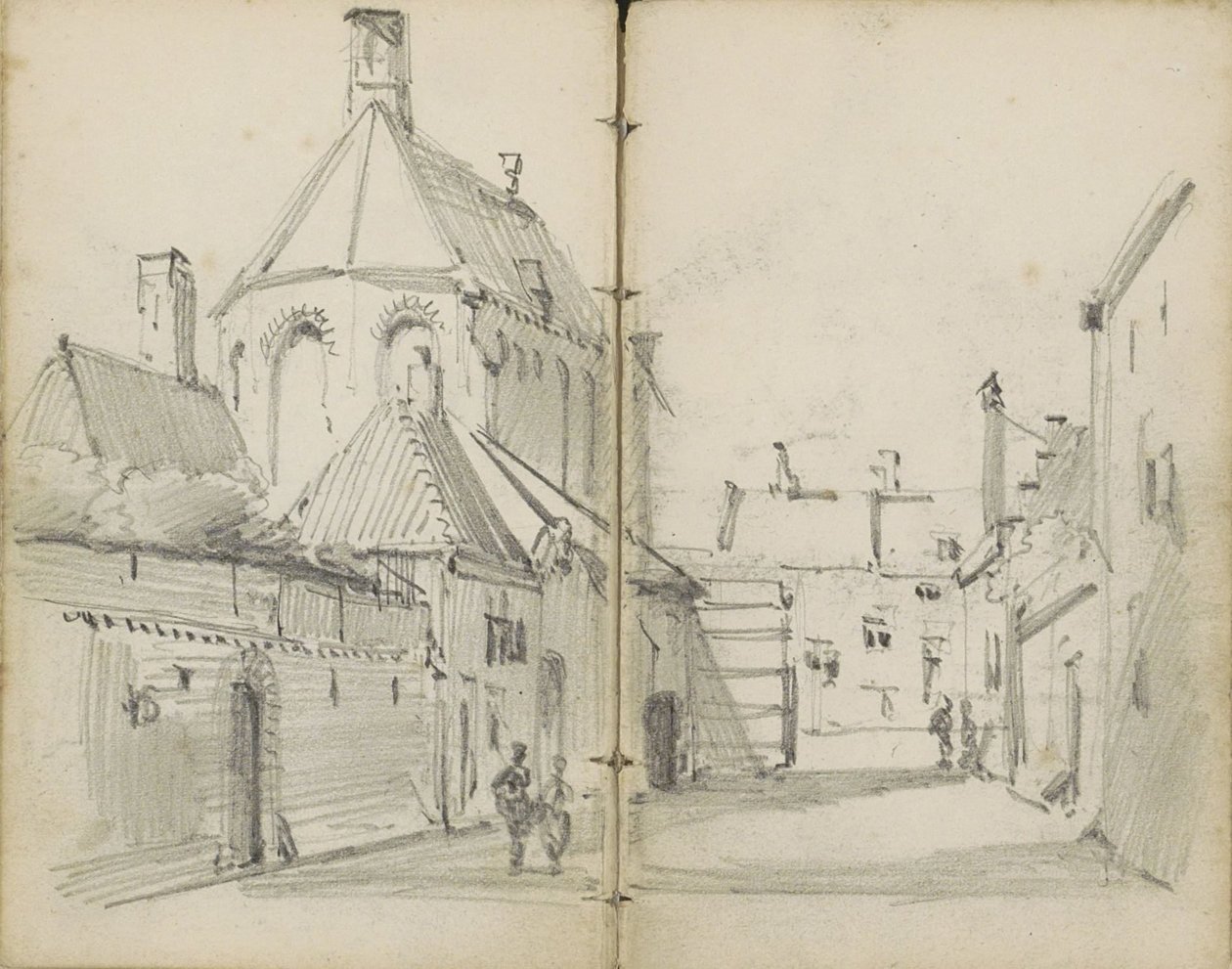Rue de village avec une église et des figures - Willem Koekkoek