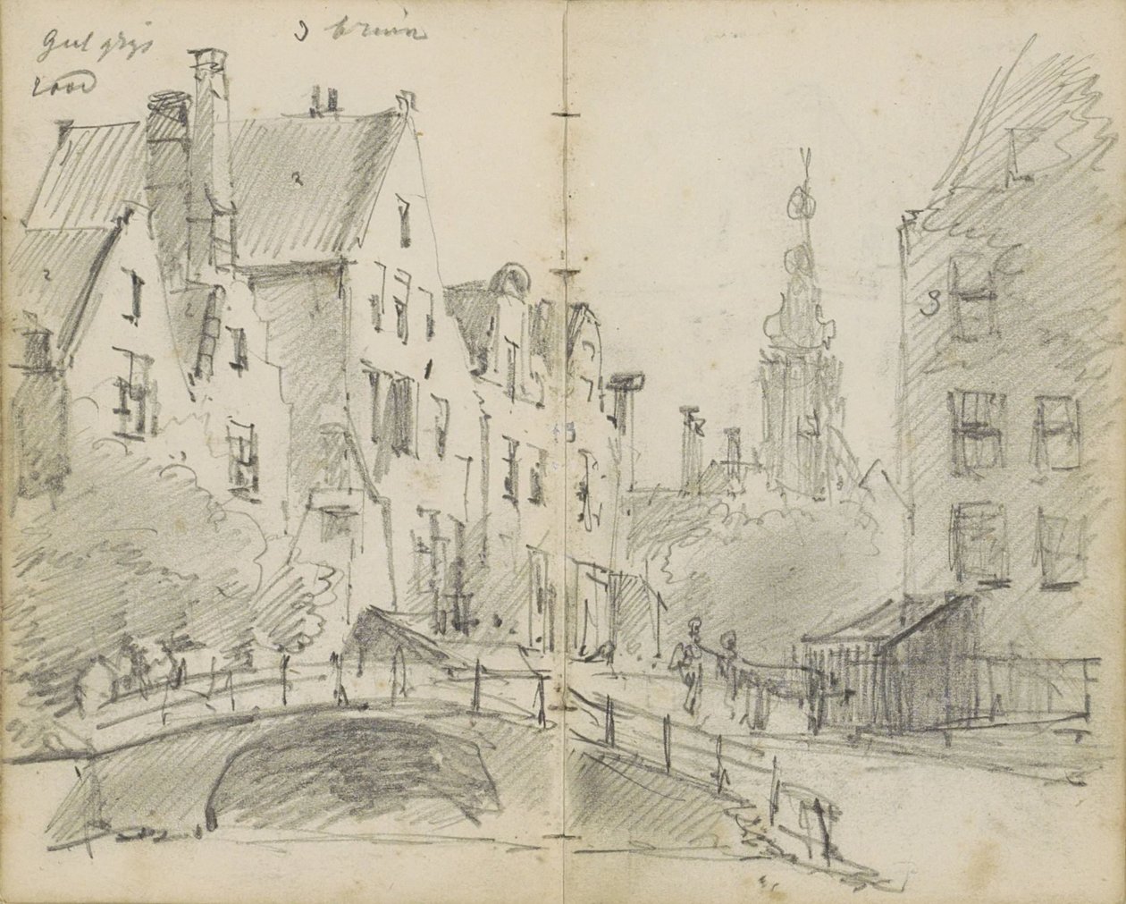 Vue de ville avec un pont sur un canal et un clocher - Willem Koekkoek