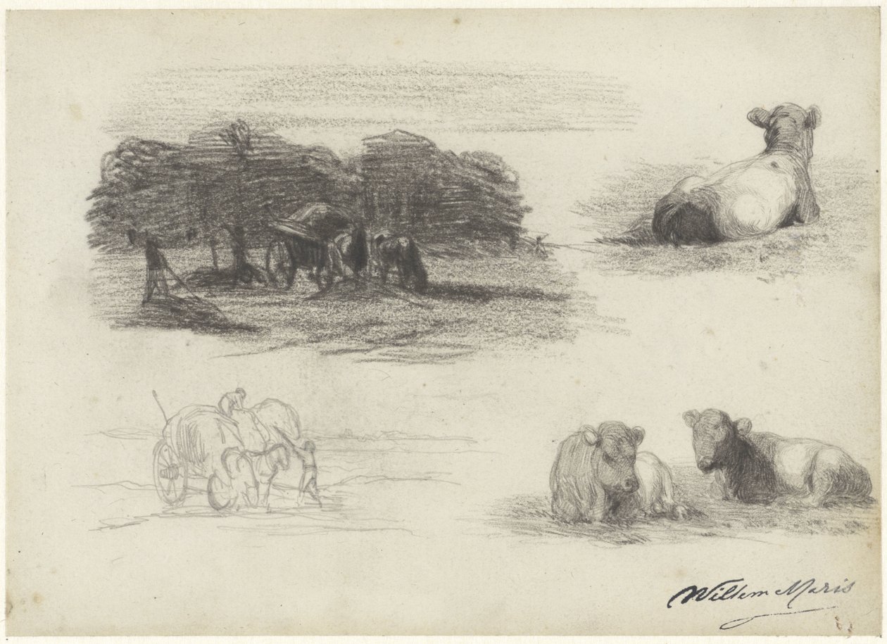 Quatre esquisses de charrettes de foin et de vaches - Willem Maris