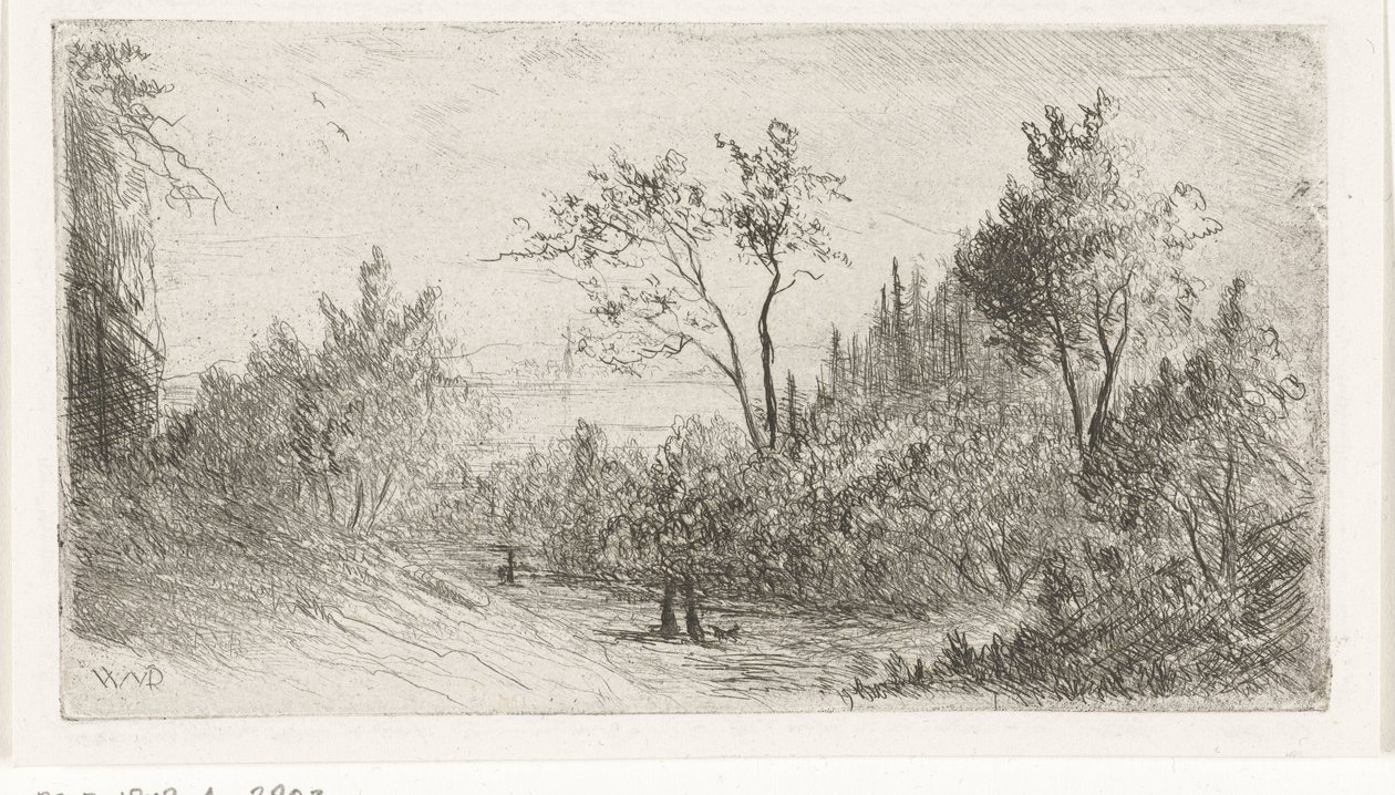 Paysage vallonné avec des promeneurs et un chien au bord de la forêt - Willem Matthias Jan van Dielen