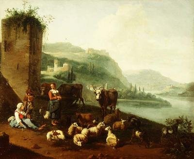 Paysage italianisant avec paysans, bétail, moutons et chèvres près d