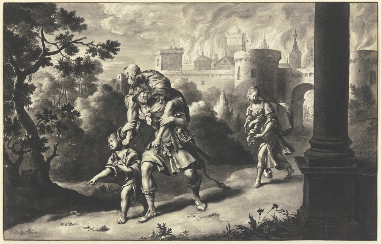 Énée sauve Anchise de Troie en flammes - Willem Van Mieris