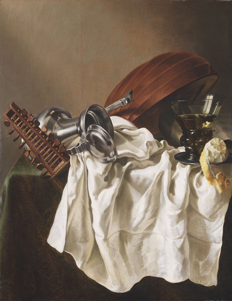 Nature morte avec luth, cruche en étain, verre à vin et citron - Willem Van Odekercken