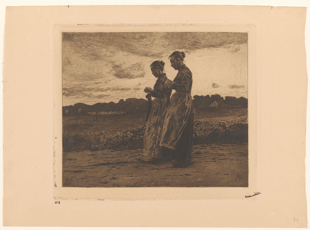 Deux tricoteuses debout dans un paysage à Ede - Willem Witsen (signed by artist)