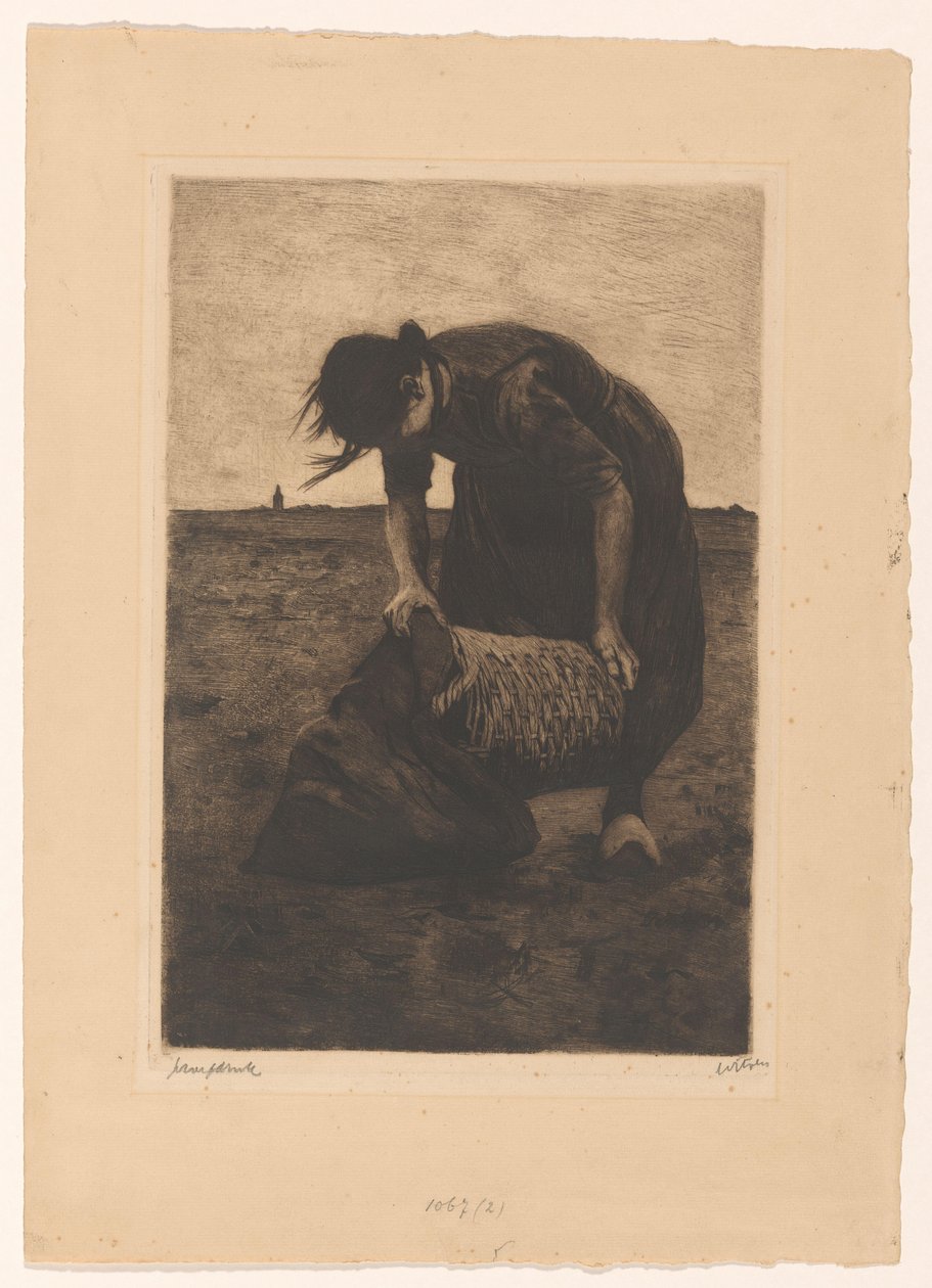 Femme récoltant des pommes de terre avec un panier et un sac - Willem Witsen (signed by artist)