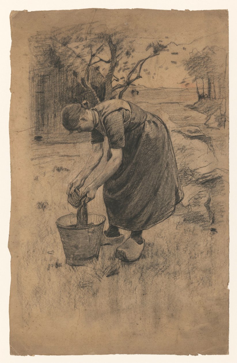 Femme lavant le linge dans un seau, devant une ferme - Willem Arnoldus Witsen