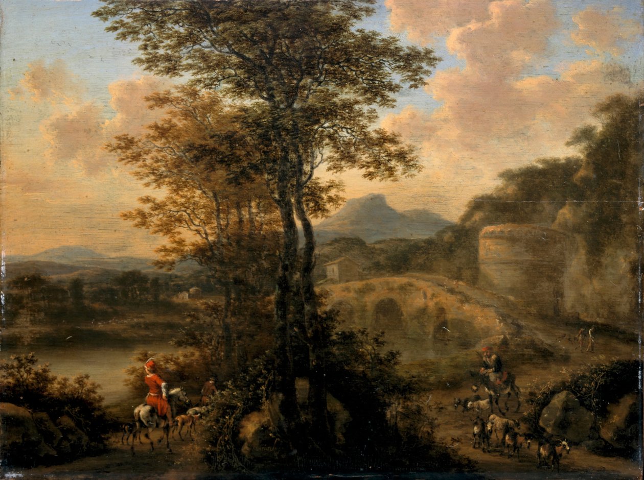 Paysage fluvial italien avec pont de pierre, 1650 - Willem de Heusch