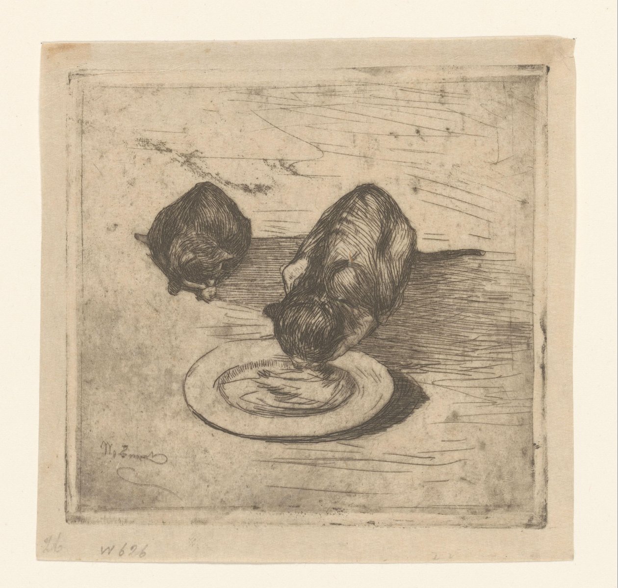 Deux chats, un buvant dans une assiette - Willem de Zwart