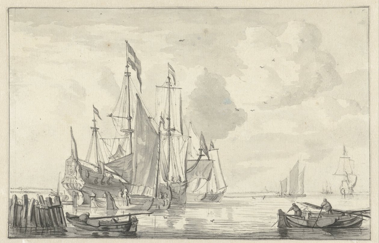 Vue de mer avec quelques navires dans des eaux calmes près de la côte - Willem van de Velde (II)