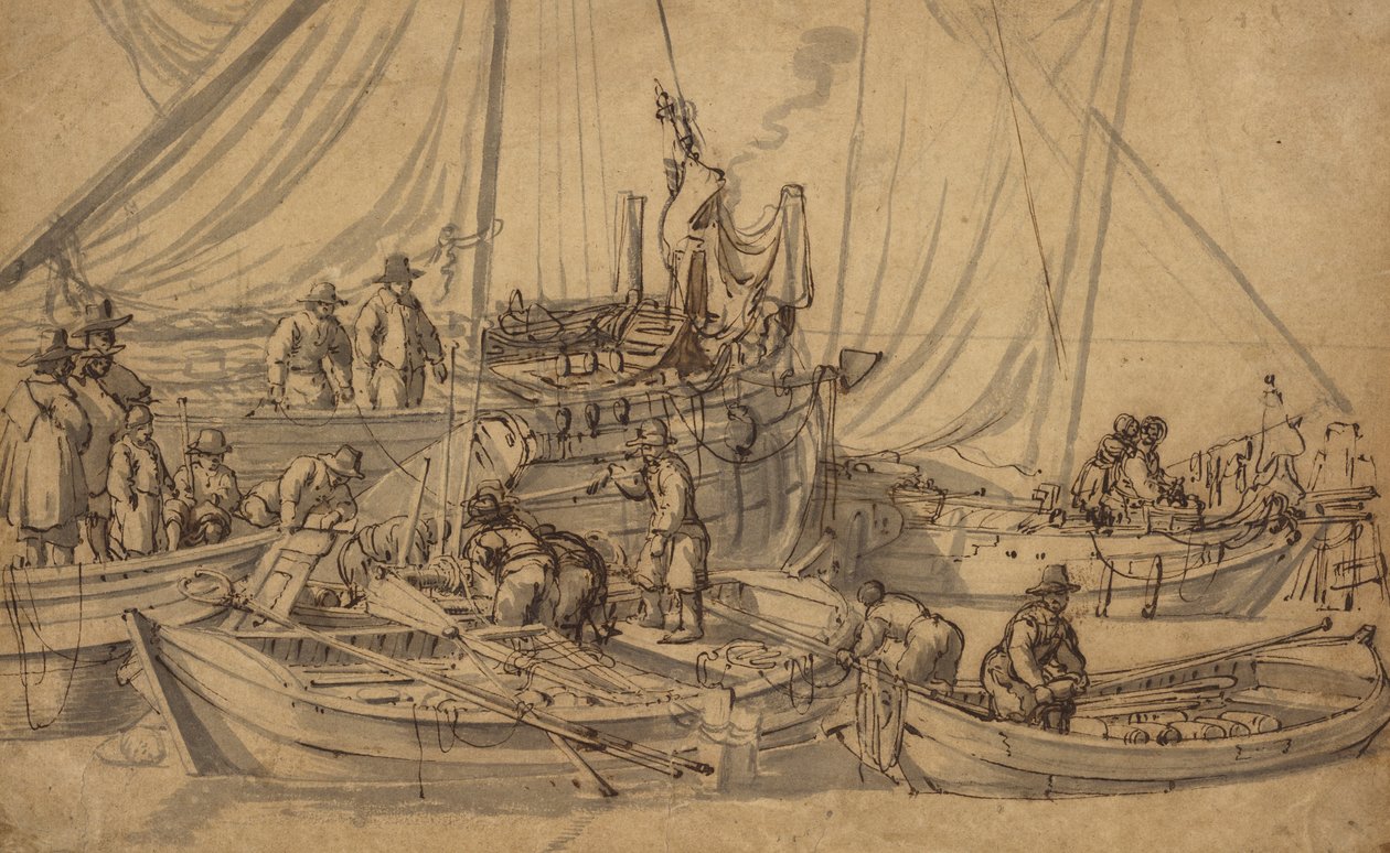 Figures à bord de petits navires marchands, vers 1650-5 (dessin à la plume, encre brune et lavis) - Willem van de Velde