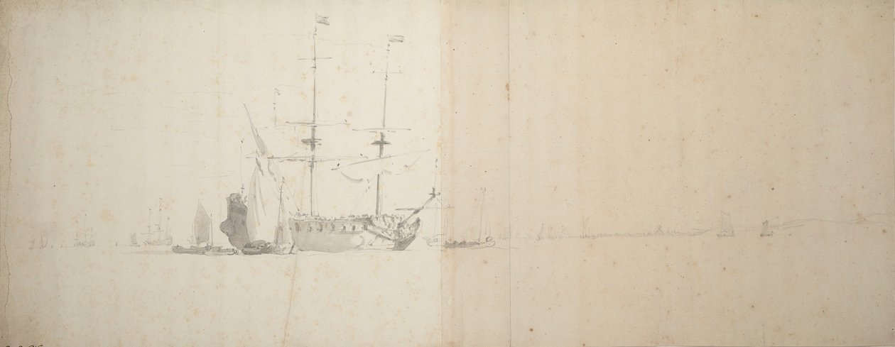 Un navire hollandais au mouillage au large, vers 1666 (graphite) - Willem van de Velde the Younger